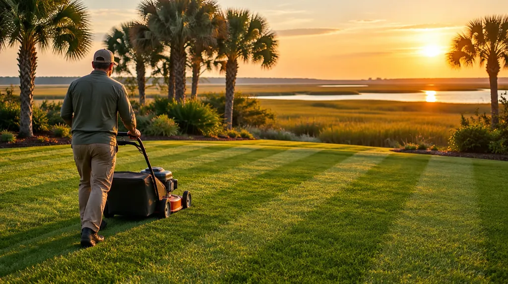 A landscaper mowing a striped green lawn in Hilton Head Island, SC