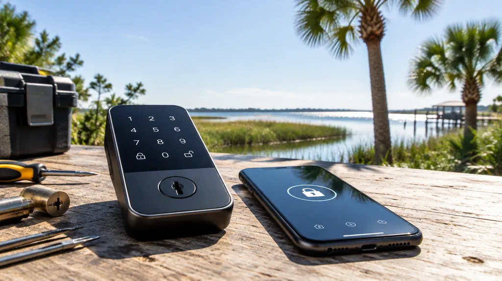 A sleek modern smart lock keypad and a phone app on a locksmith’s table in Hilton Head Island, SC