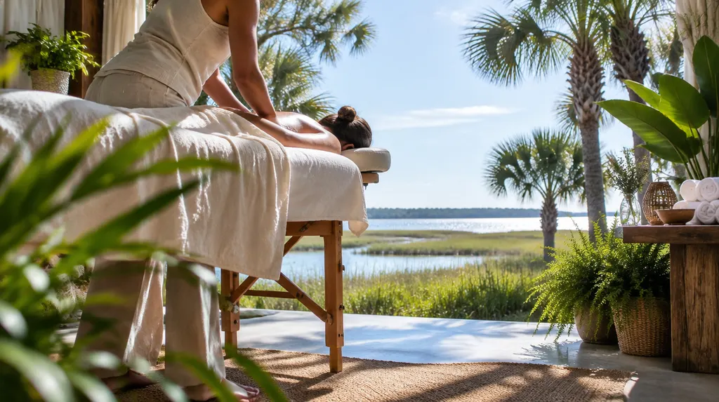 A massage studio with soft light and plants in Hilton Head Island, SC