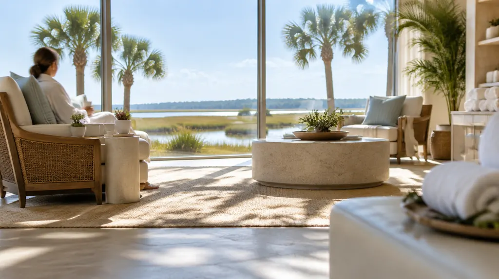 A serene med spa lounge with soft light in Hilton Head Island, SC