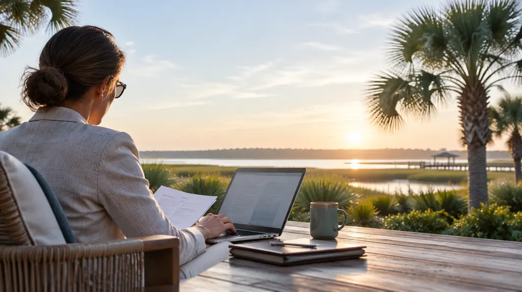 A broker reviewing documents on a laptop in Hilton Head Island, SC