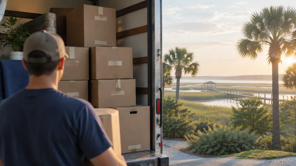 Neatly stacked labeled boxes in a moving truck in Hilton Head Island, SC