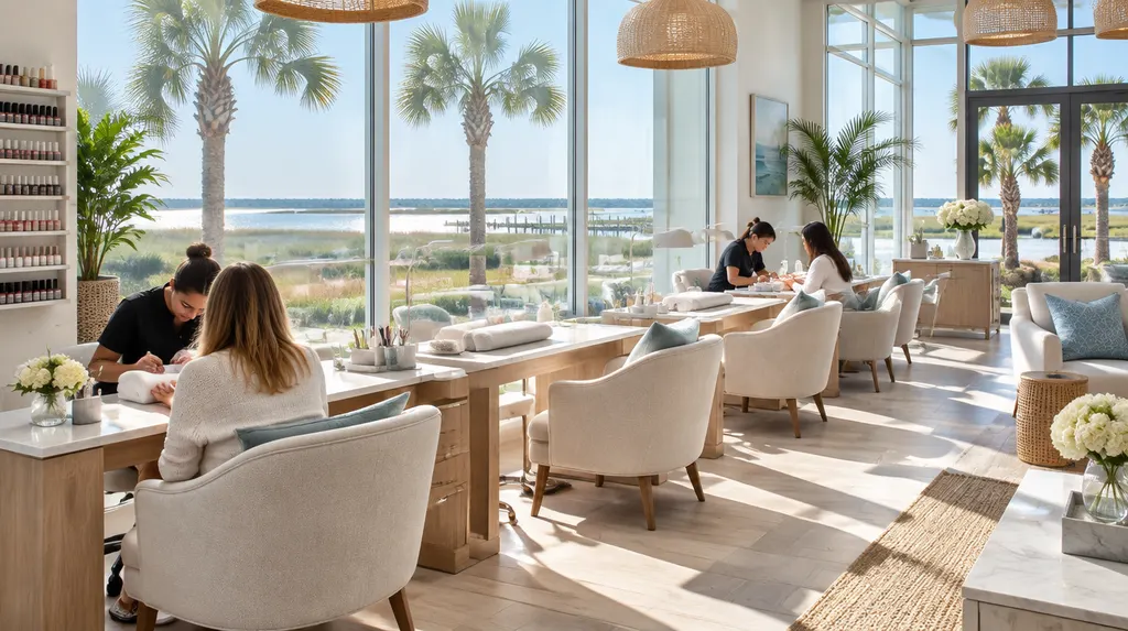 A bright nail salon with manicure tables in Hilton Head Island, SC