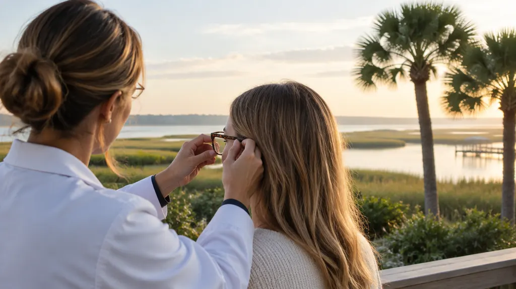 An optician adjusting glasses in Hilton Head Island, SC