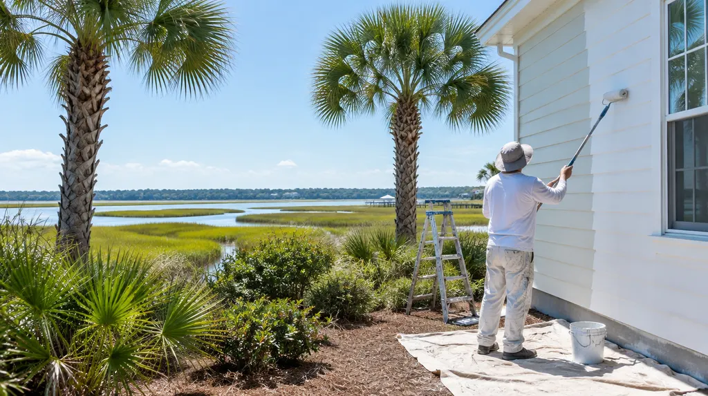 A painter rolling fresh paint on an exterior wall in Hilton Head Island, SC