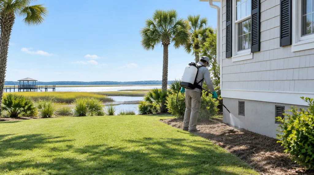 A pest control technician spraying the foundation of a house in Hilton Head Island, SC