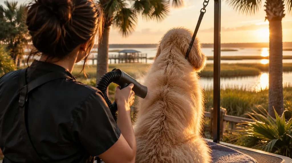 A groomer drying a fluffy dog in Hilton Head Island, SC