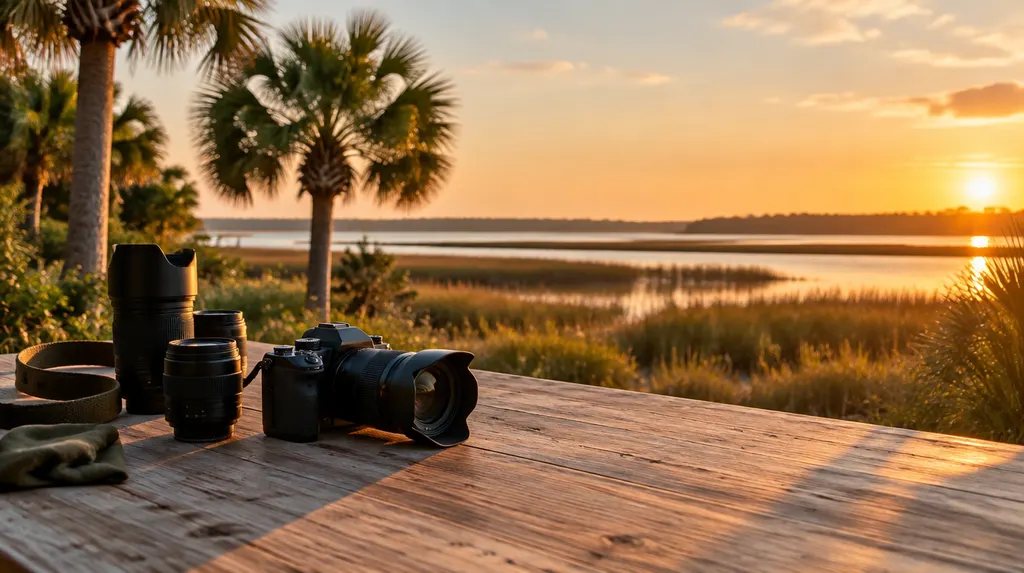 A camera and lenses on a studio table in Hilton Head Island, SC