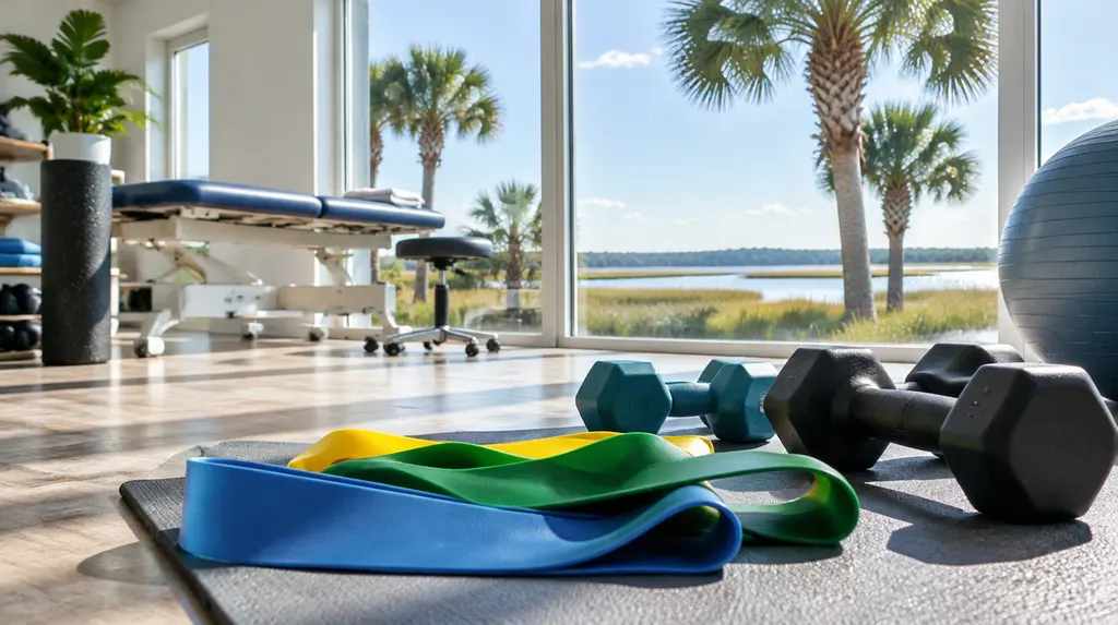 Resistance bands and weights in a bright clinic in Hilton Head Island, SC