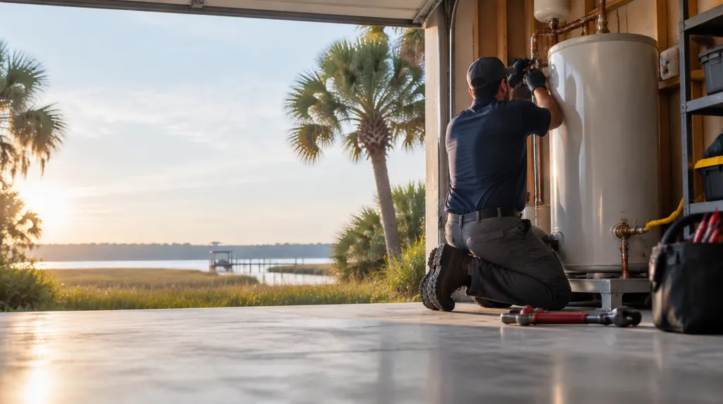 A plumber installing a tank water heater in a garage in Hilton Head Island, SC