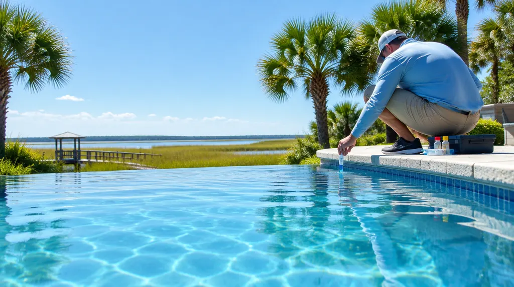 A clean blue pool with a technician testing the water in Hilton Head Island, SC