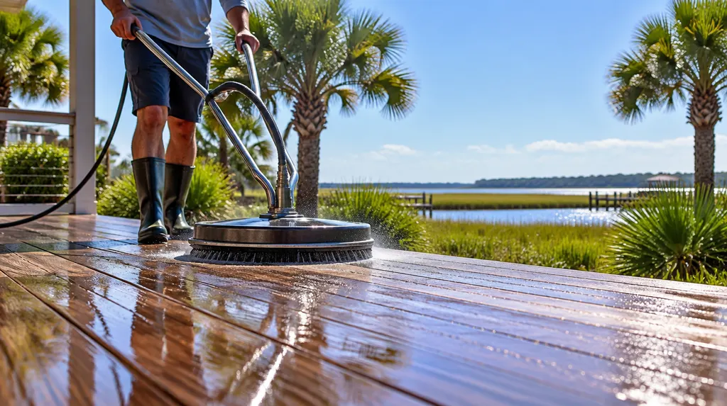 Cleaning a wooden deck with a surface cleaner in Hilton Head Island, SC