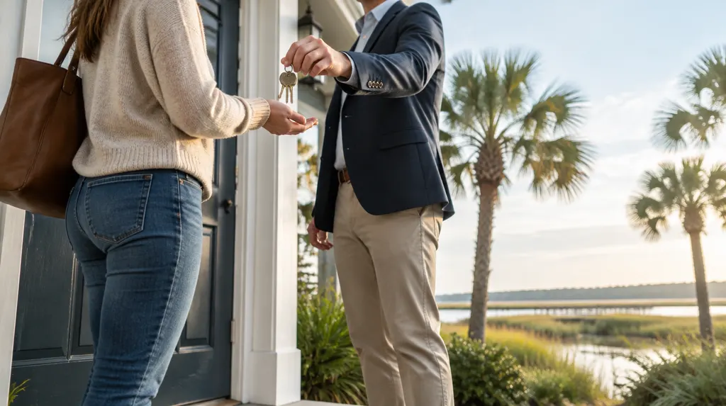 A manager handing keys to a tenant at a front door in Hilton Head Island, SC