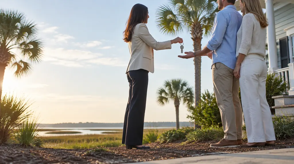 An agent handing keys to new homeowners outside a house in Hilton Head Island, SC