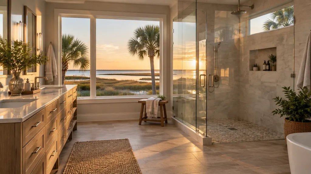 A finished modern bathroom remodel with a walk-in shower in Hilton Head Island, SC
