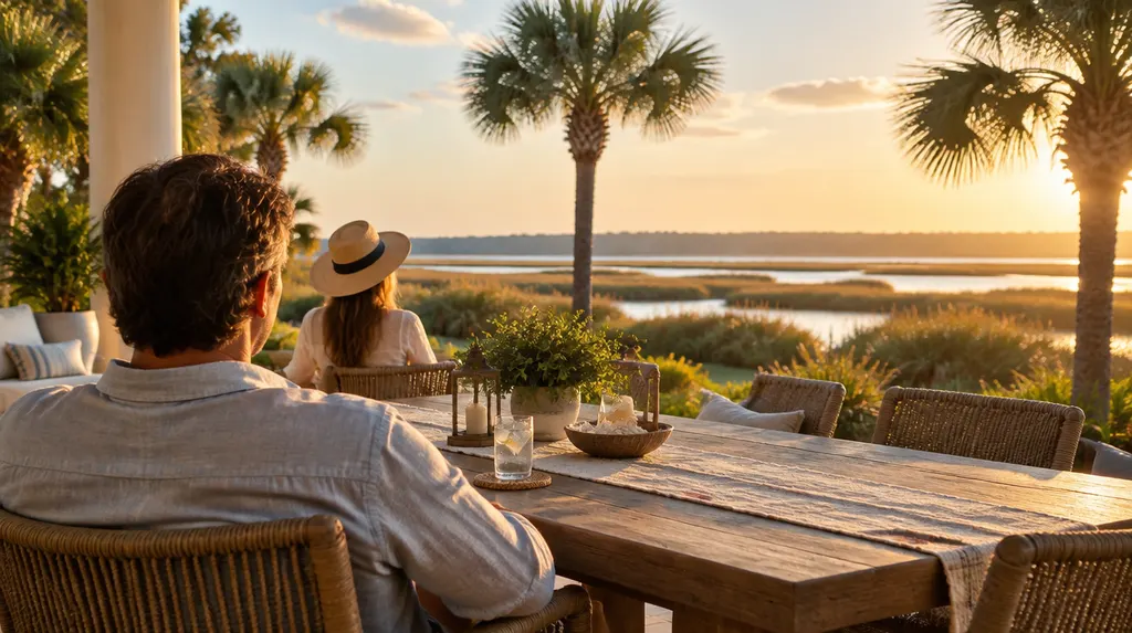 A patio dining area at golden hour in Hilton Head Island, SC