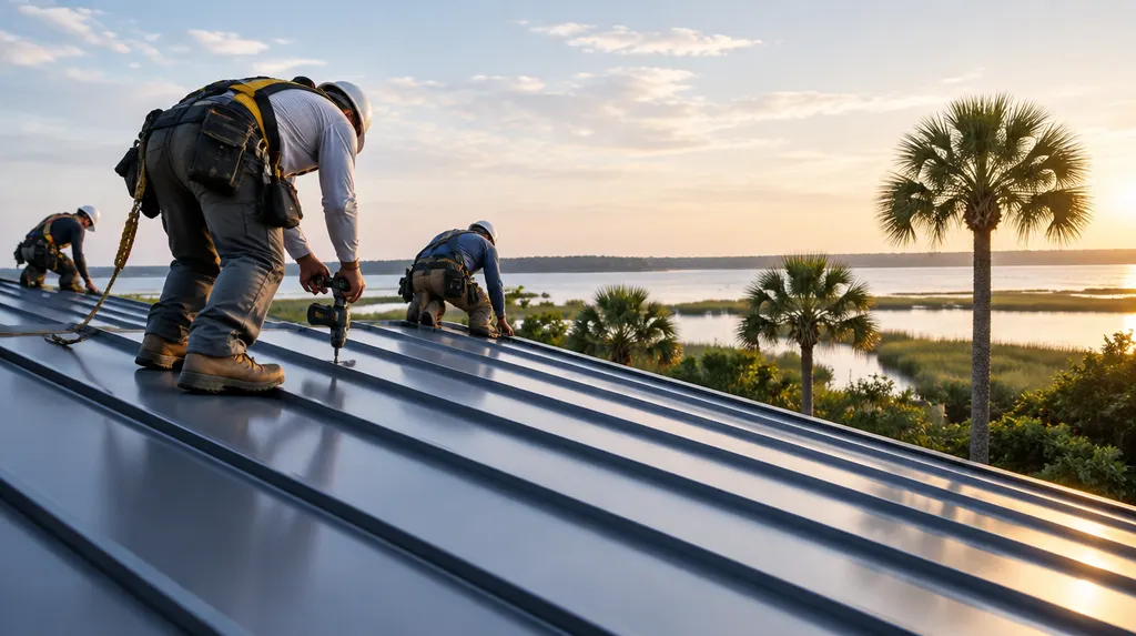 A roofing crew installing a standing-seam metal roof in Hilton Head Island, SC