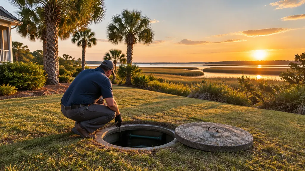 A technician inspecting an open septic tank lid in a yard in Hilton Head Island, SC