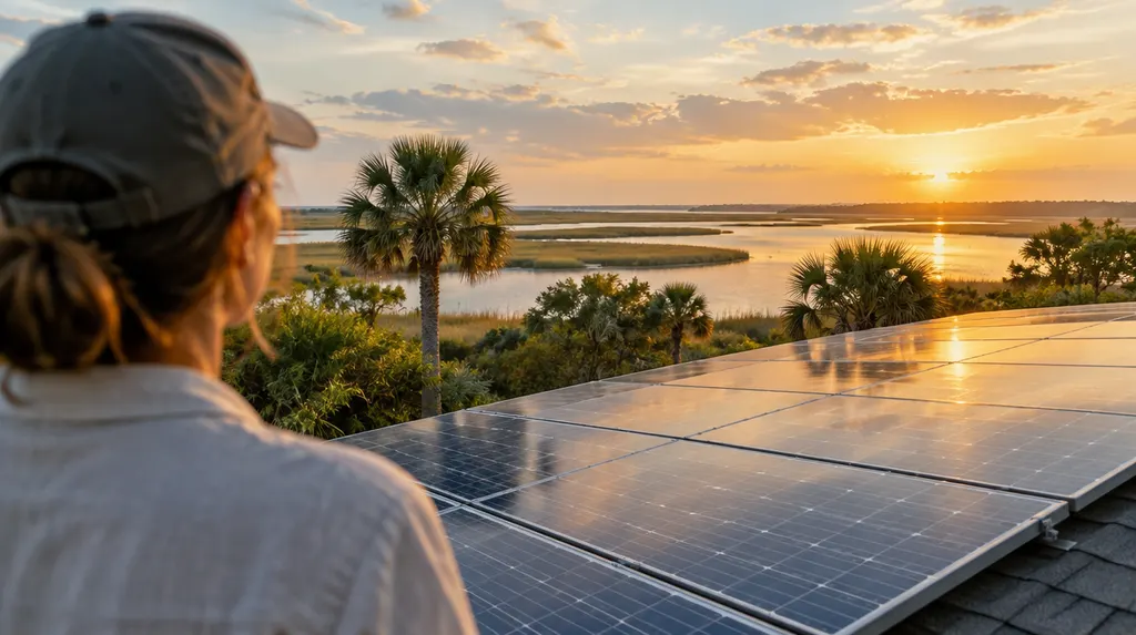 A roof of solar panels at golden hour in Hilton Head Island, SC