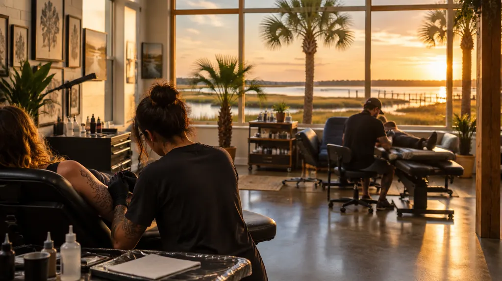 A clean modern tattoo studio with artist stations in Hilton Head Island, SC