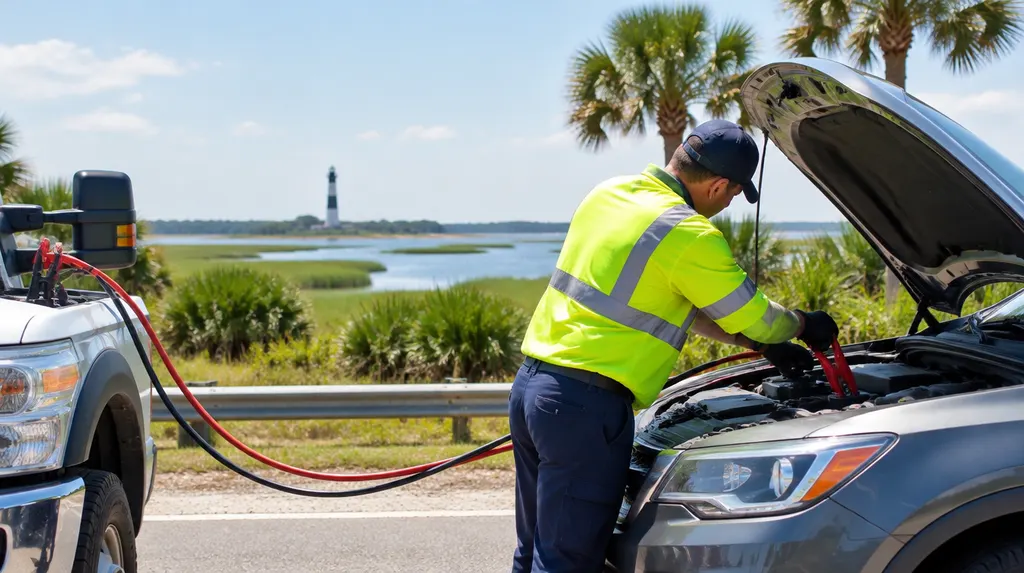 A roadside assistance worker jump-starting a car in Hilton Head Island, SC