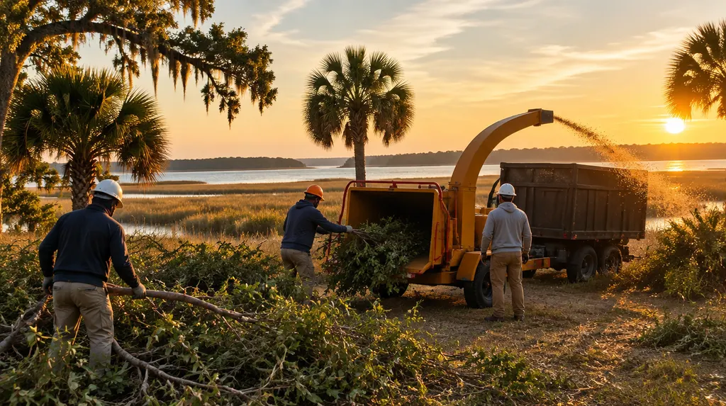 A crew feeding branches into a wood chipper in Hilton Head Island, SC