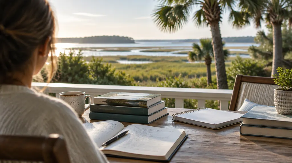 Books and notebooks on a study table in Hilton Head Island, SC