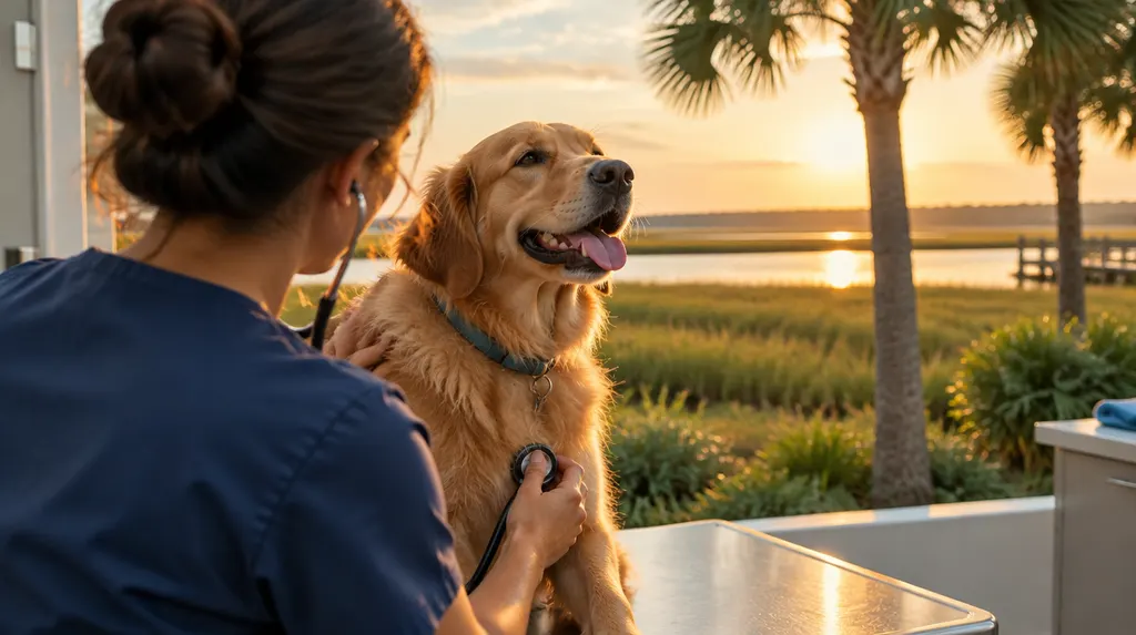 A veterinarian examining a happy dog on an exam table in Hilton Head Island, SC