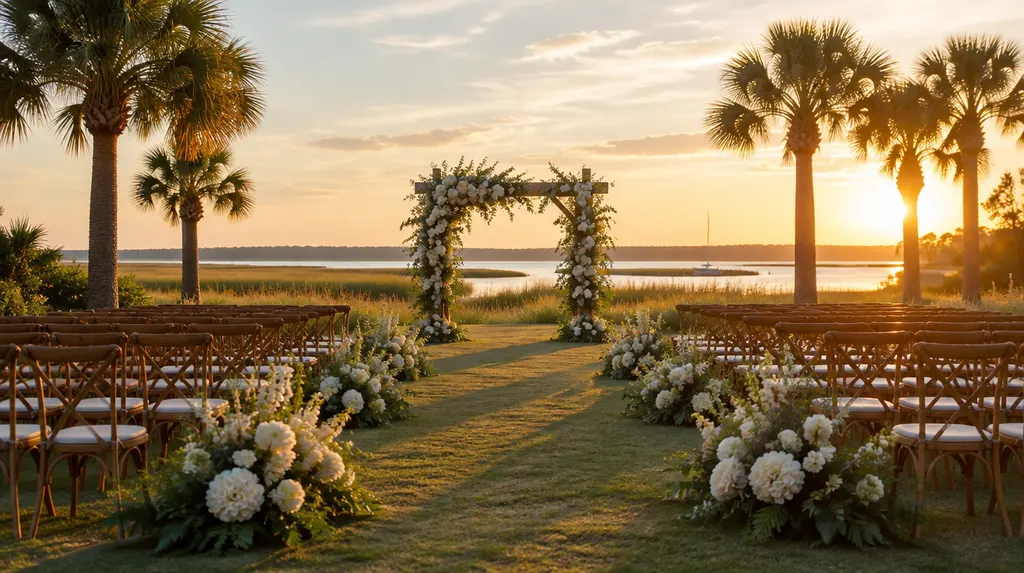 A wedding ceremony aisle with flowers in Hilton Head Island, SC