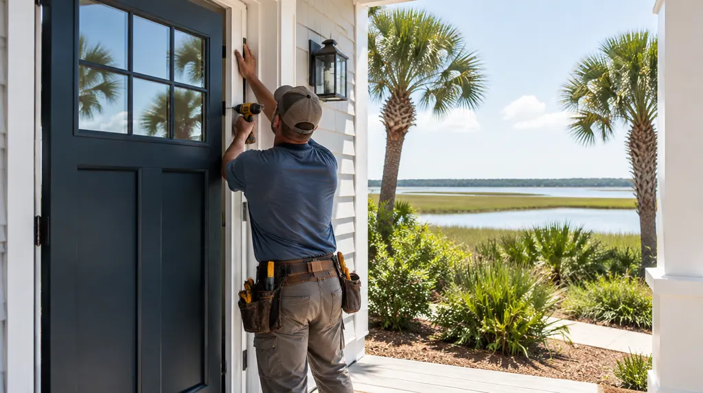 An installer hanging a new front entry door in Hilton Head Island, SC