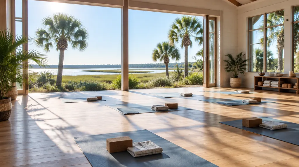 A sunlit yoga studio with mats laid out in Hilton Head Island, SC