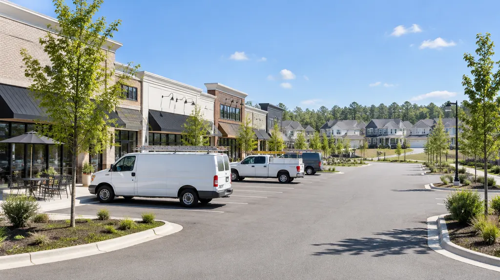 Local businesses along a street in Indian Land, South Carolina