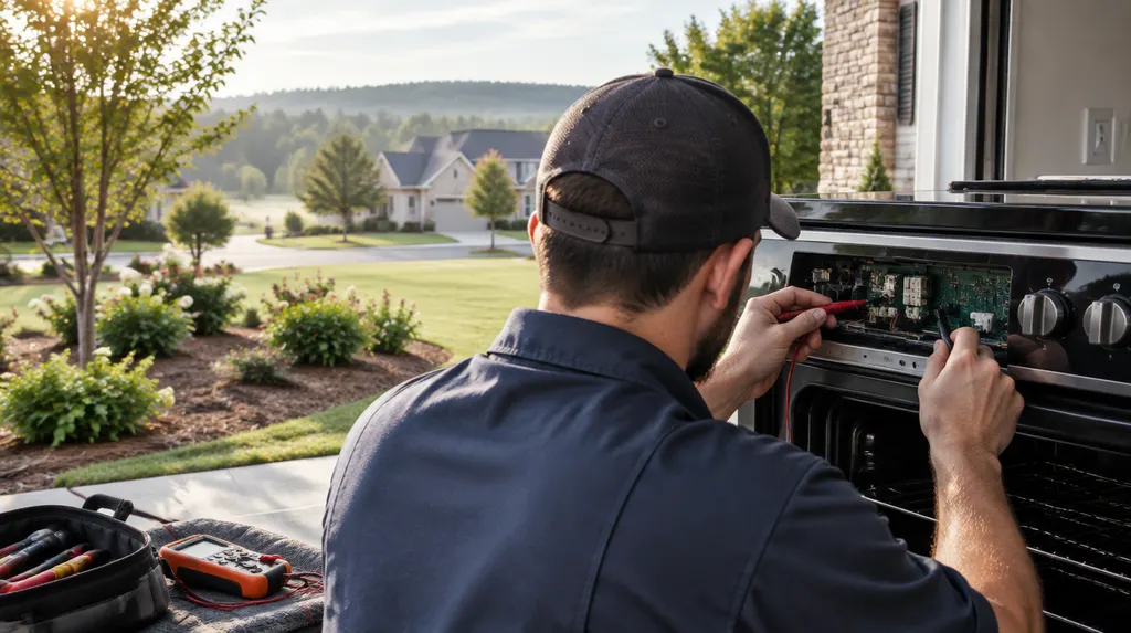 A repair tech testing an oven control panel in Indian Land, SC