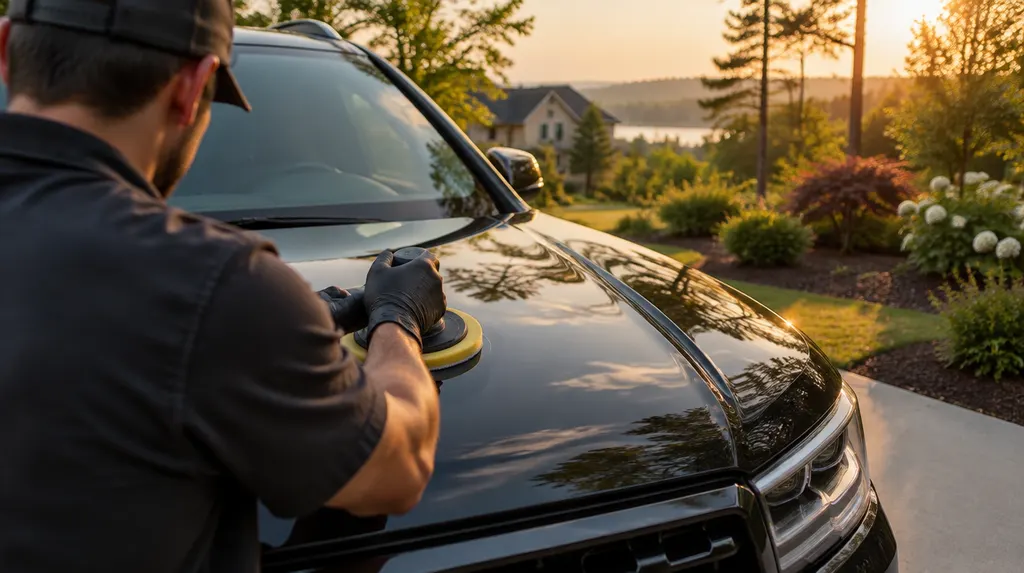 A detailer polishing the glossy hood of a dark SUV in Indian Land, SC