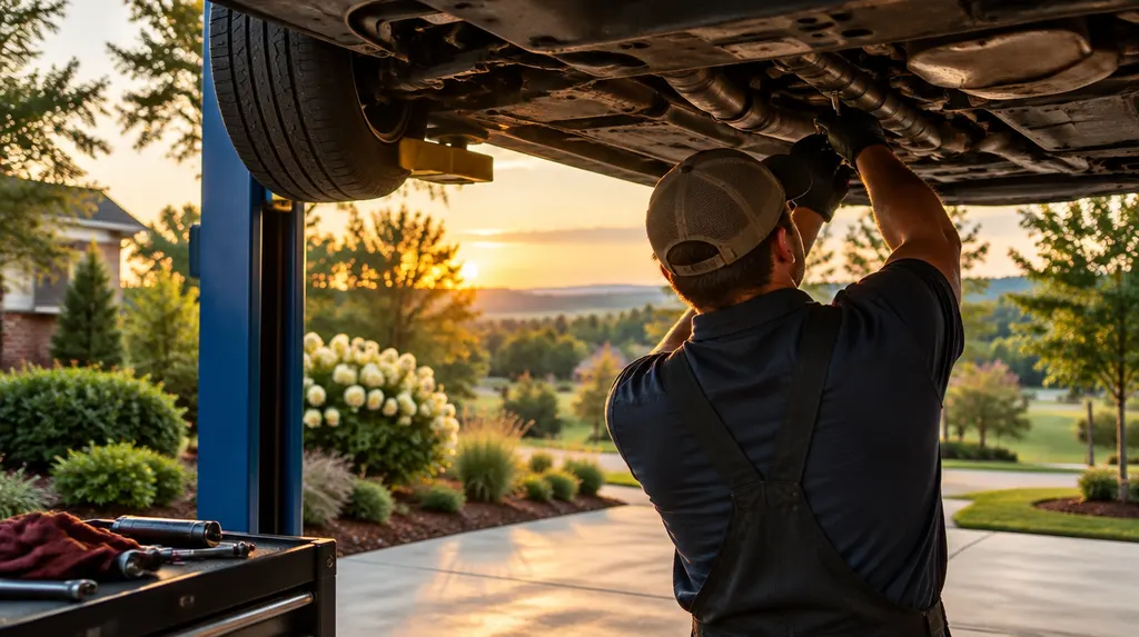 A mechanic working under a car on a lift in Indian Land, SC