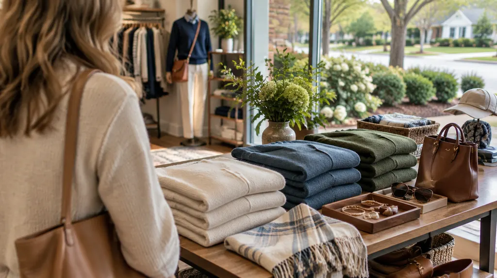 Folded sweaters and accessories on a boutique table in Indian Land, SC