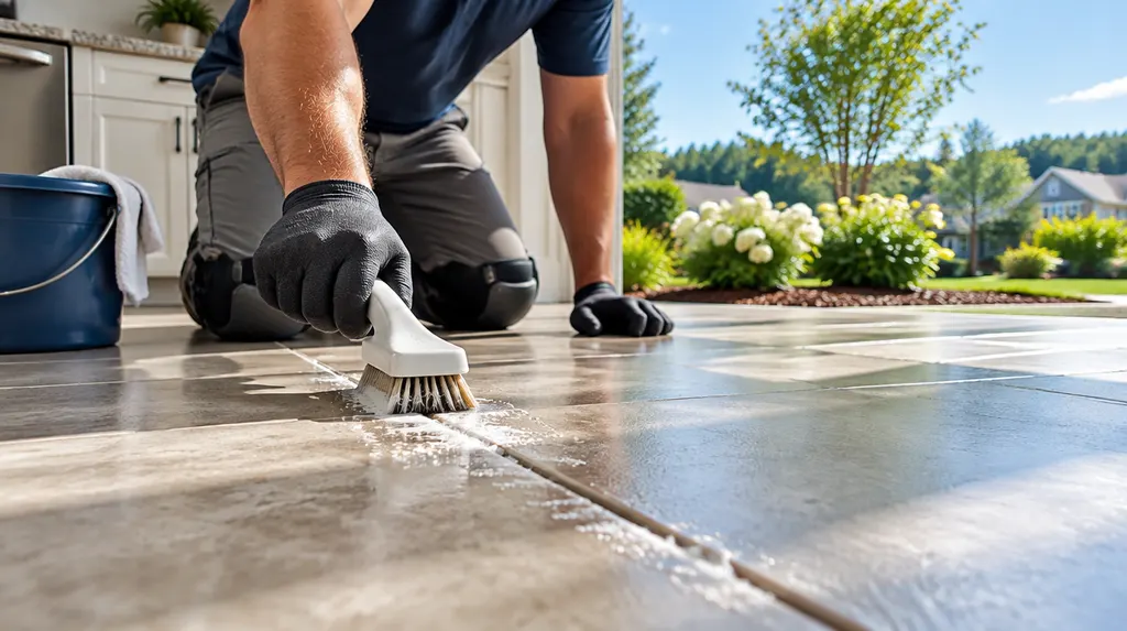 A technician cleaning tile grout on a kitchen floor in Indian Land, SC
