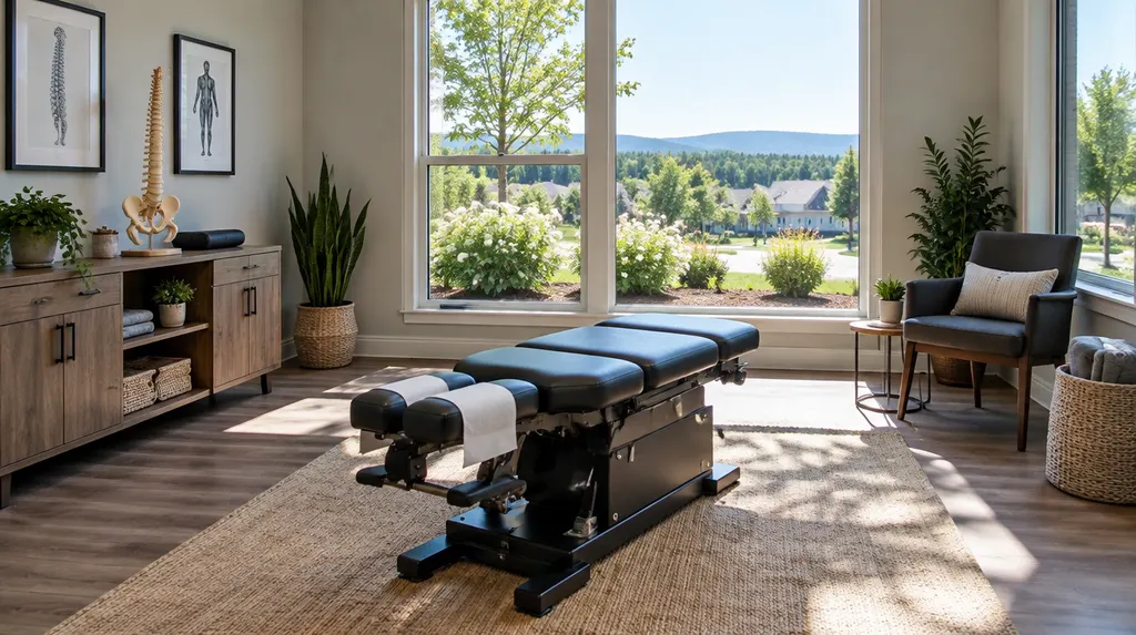 A chiropractic treatment room with an adjusting table in Indian Land, SC