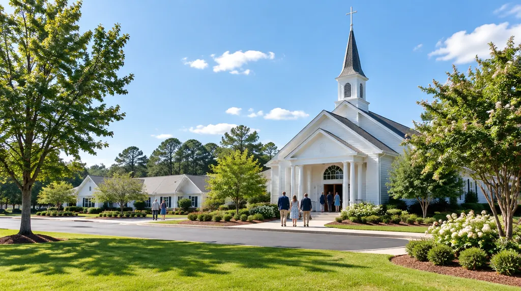 A welcoming white church on a sunny Sunday morning in Indian Land, SC