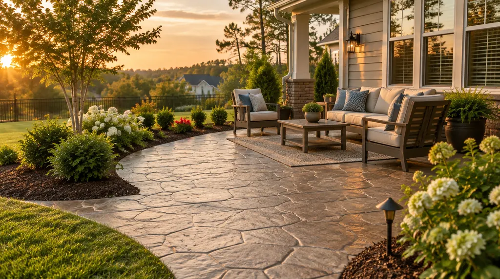 A finished stamped concrete patio beside a house in Indian Land, SC