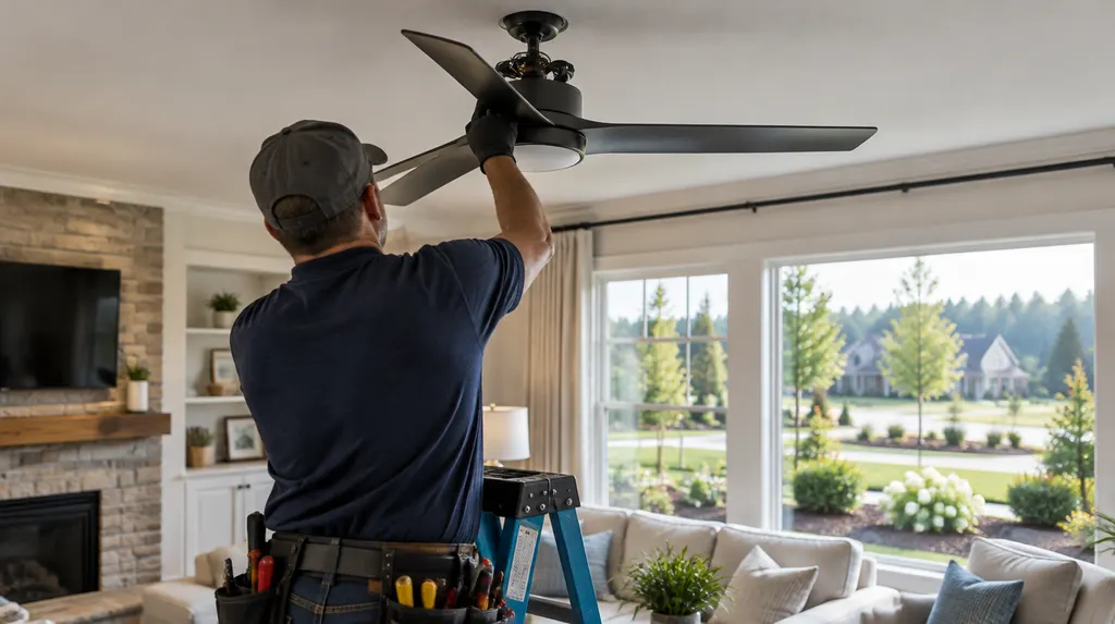 An electrician hanging a modern ceiling fan in a living room in Indian Land, SC