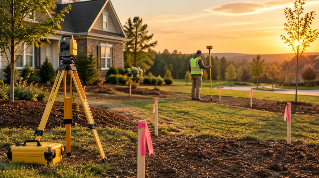 Survey stakes and equipment on a new lot in Indian Land, SC