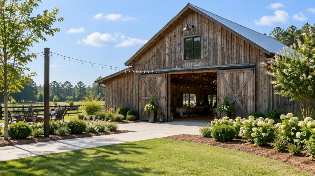 A rustic barn venue with string lights in Indian Land, SC