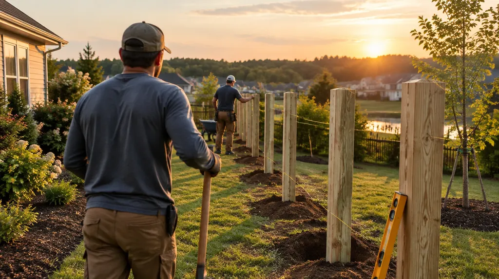 A crew setting posts for a new wood privacy fence in Indian Land, SC