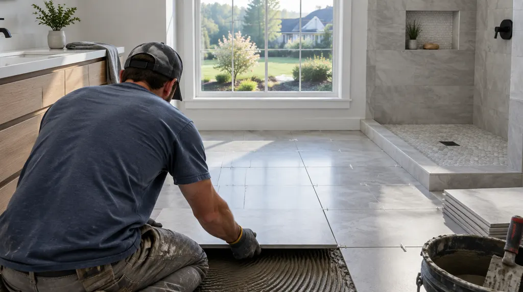 A tile setter placing large tiles in a bathroom in Indian Land, SC