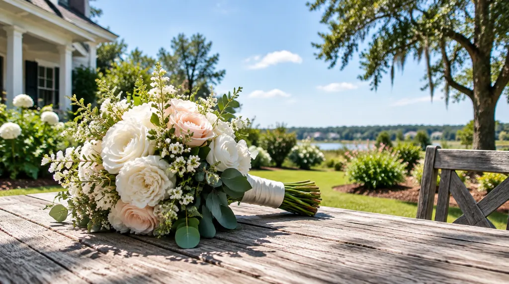 A bridal bouquet on a rustic table in Indian Land, SC