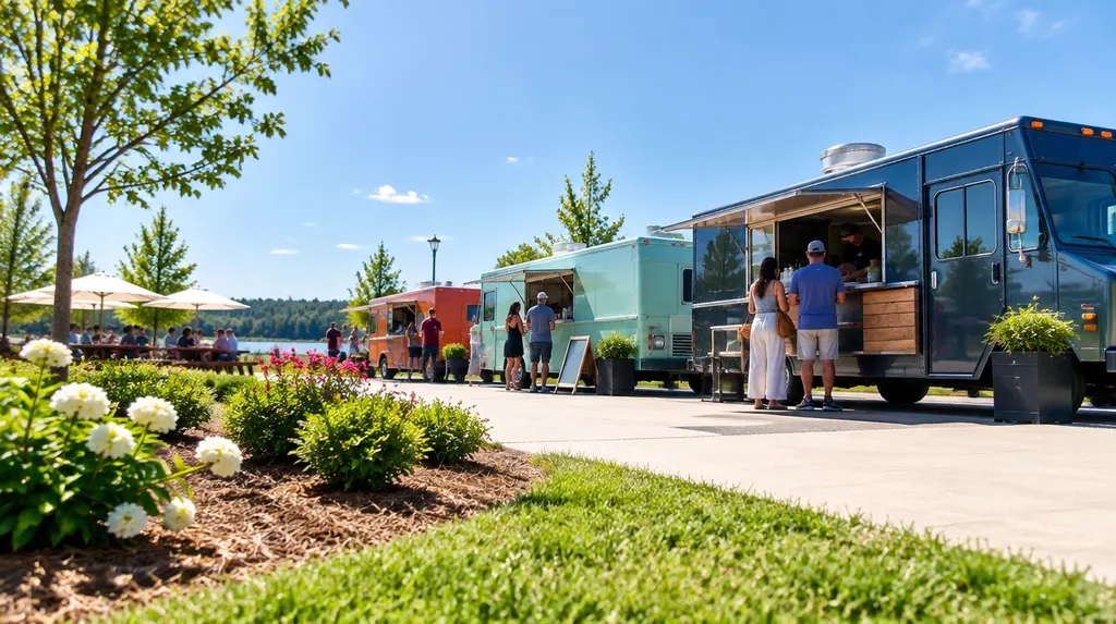 Food trucks parked at a sunny outdoor festival in Indian Land, SC