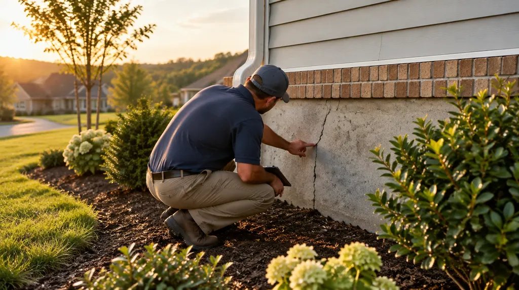 A specialist examining a crack in a foundation wall in Indian Land, SC