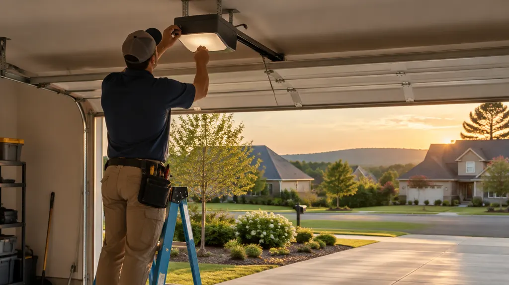 A technician adjusting a garage door opener on the ceiling in Indian Land, SC