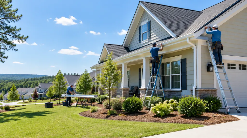 A crew installing seamless gutters on a house in Indian Land, SC